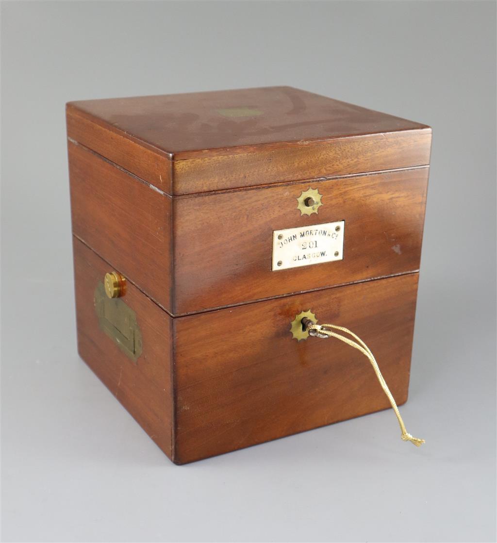 John Morton & Co. of Glasgow. A mahogany cased 2.5 day marine chronometer, case 7.25 x 7.25in. height 8in.